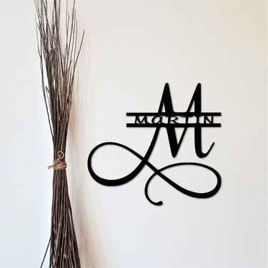 Split Last Name Monogram with Last Name Initial | Metal Art Sign with Scrolls | Custom Metal Sign | Personalized Family Name Wall Decor